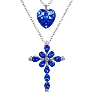 Blue Rhinestone Heart and Cross Double Necklace NWT